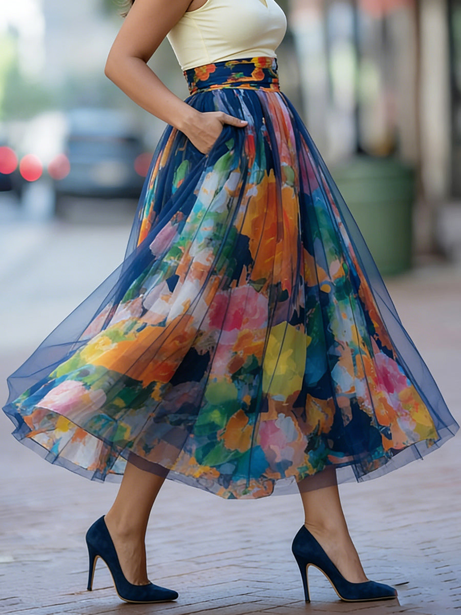 Artistic Watercolor Print Mesh-paneled Skirt