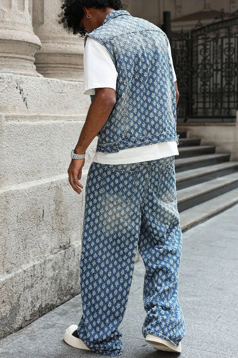 Men's Floral Jacquard Denim Vest Shirt & Stylish Long Pants