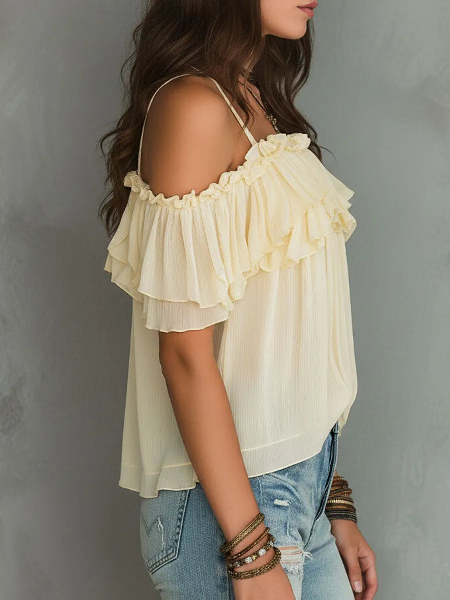 Boho Soft Yellow Cold-Shoulder Ruffled Chiffon Blouse