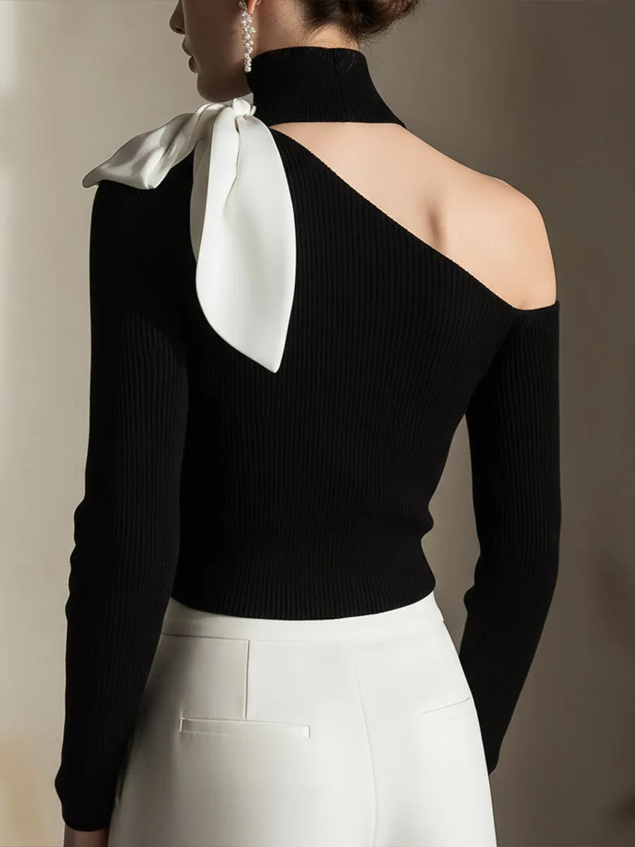 One-Shoulder Knit Top With Contrast Bow Detail