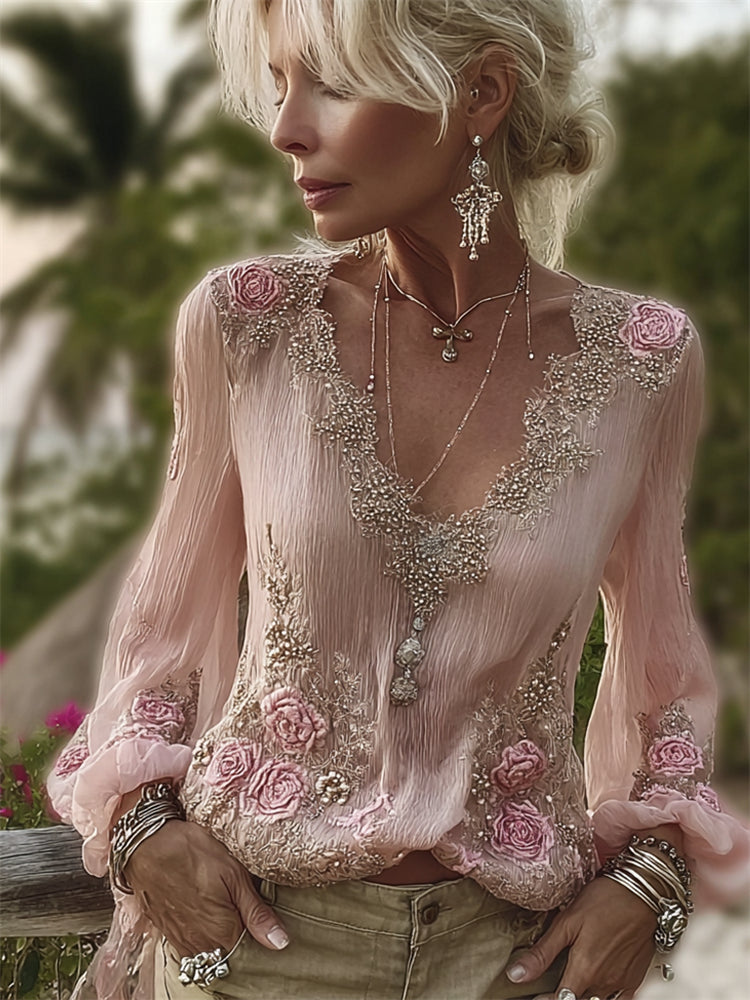 Boho Pink Roses Glitter Lace Flowy Linen Tunic
