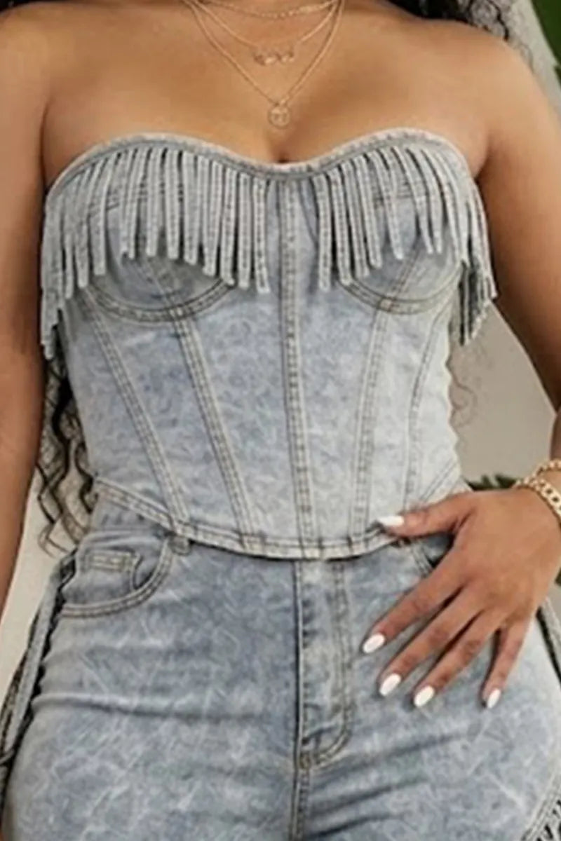 Women's Casual Strapless Fringed Denim Top Or Fringed Wide Leg Jeans