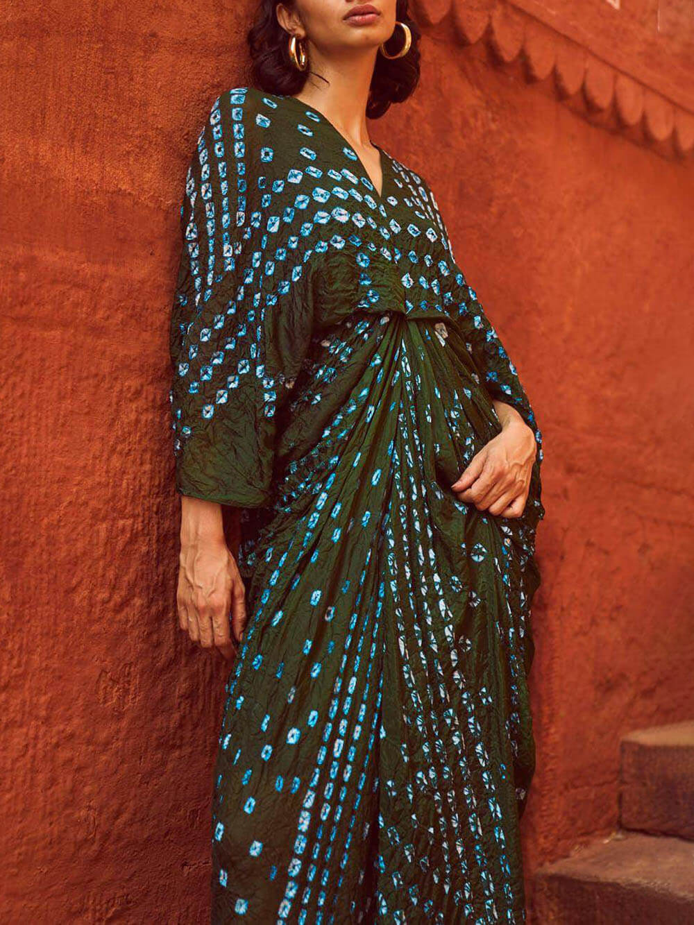 Kimono Tie-Dye Print V-Neck Pleated Robe Maxi Dress