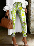 Women's Fashion Casual Multicolor Flowers Art Print Ripped Skinny Jeans