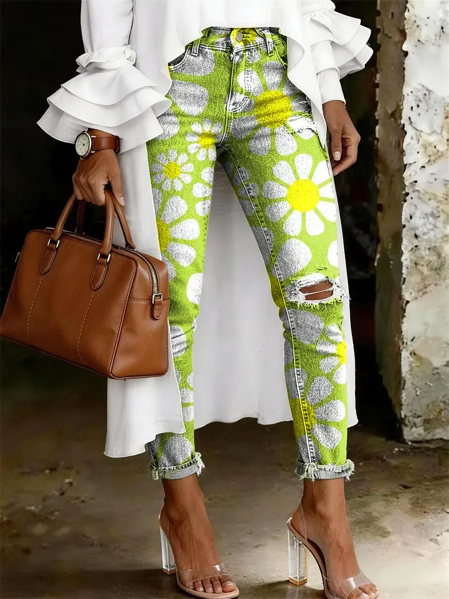 Women's Fashion Casual Multicolor Flowers Art Print Ripped Skinny Jeans
