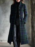Retro Blue-green Color-blocked Plaid Midi Coat