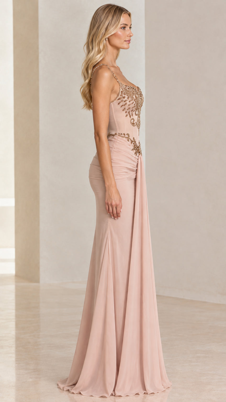 Embellished Corset Sweetheart Evening Gown with Draped Ruched Skirt