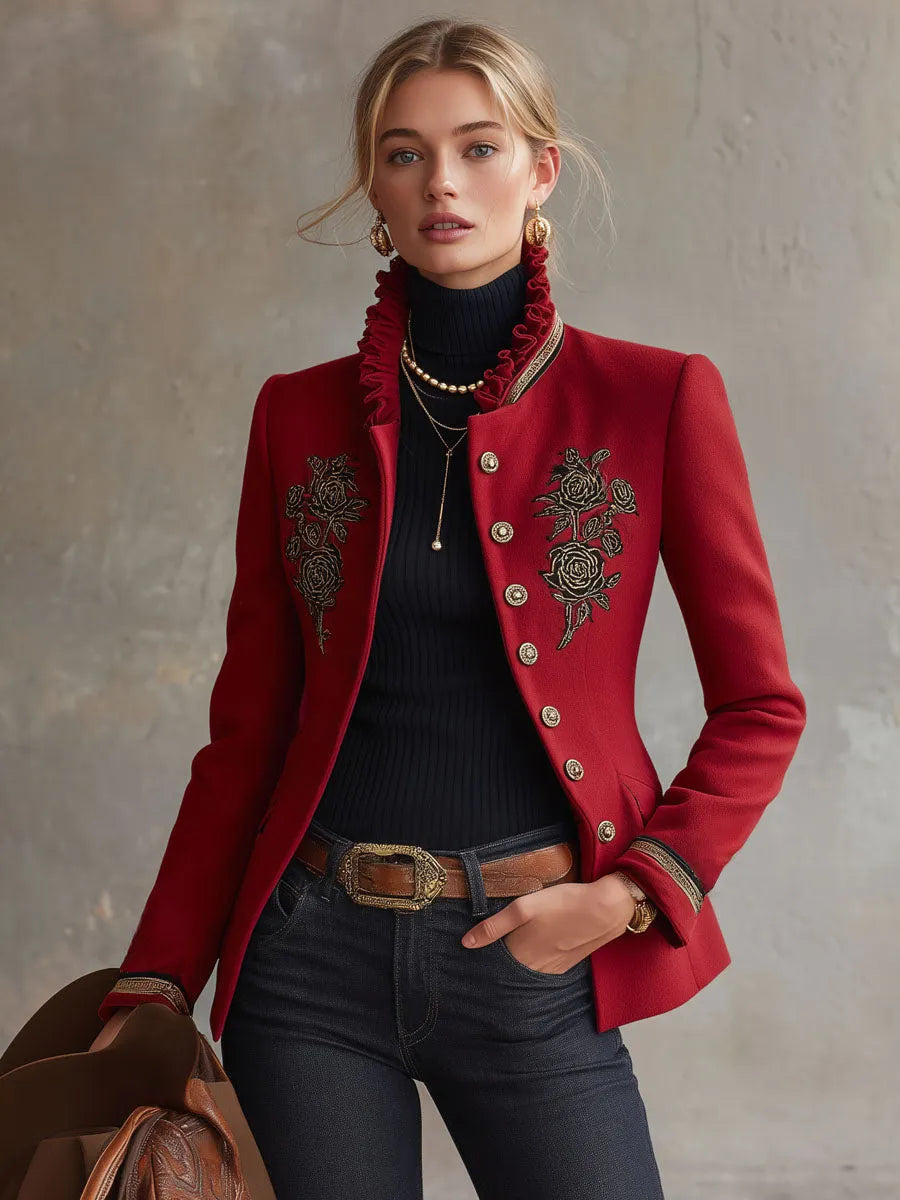 Ruffled Stand-up Collar Single-breasted Rose Embroidered Woolen Jacket