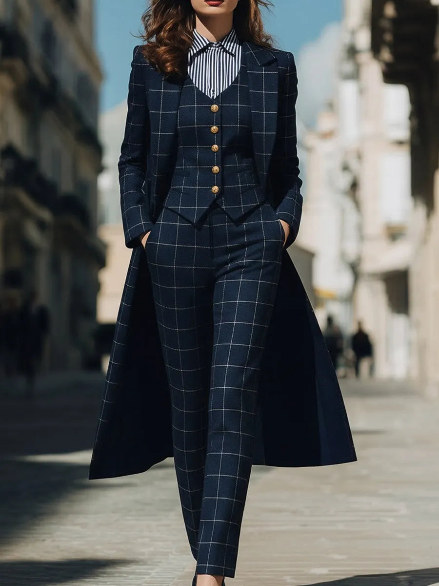 Navy Checkered Three-Piece Suit With Long Coat
