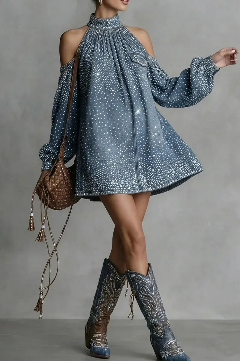 Rhinestone Embellished Denim Halter Neck Cold Shoulder Lantern Sleeve Mini Dress