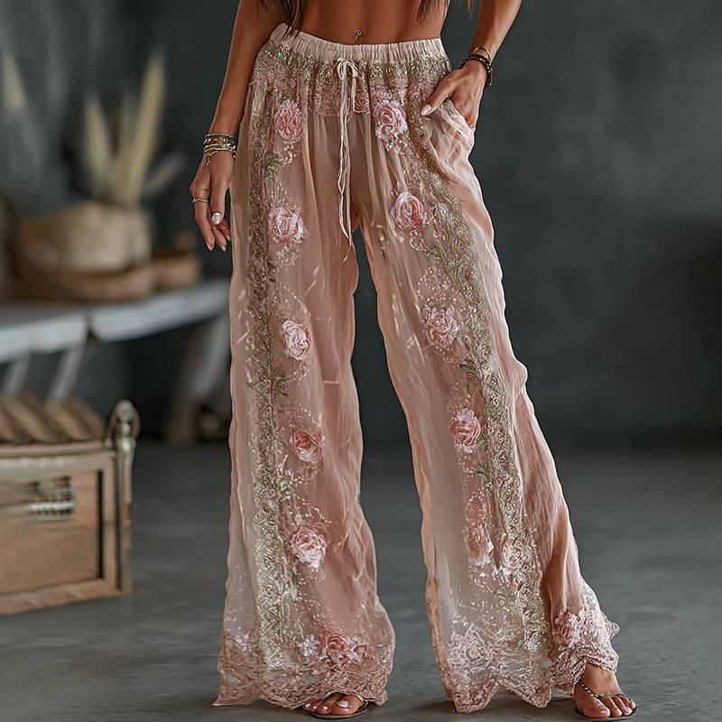 Women's Vintage Spring Floral Embroidered Art Print Flowy Linen Blend Casual Pants