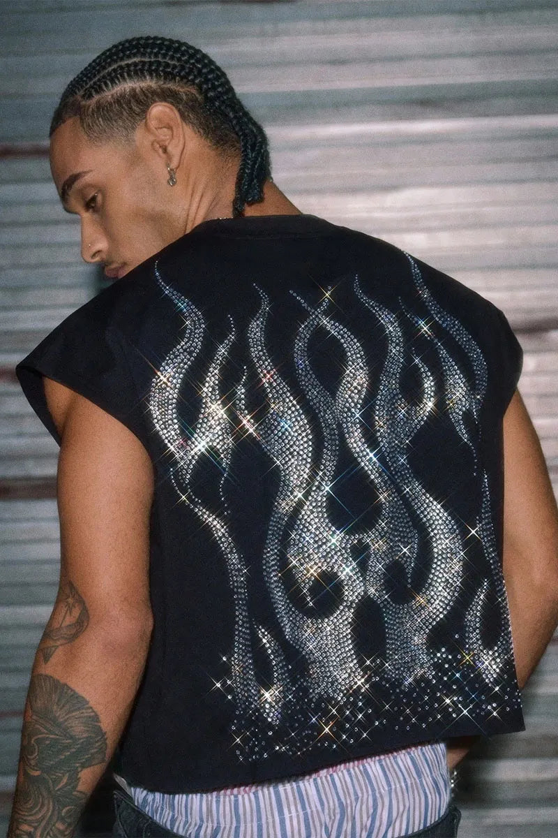 Flame Rhinestone Back Design Men's Tank Top