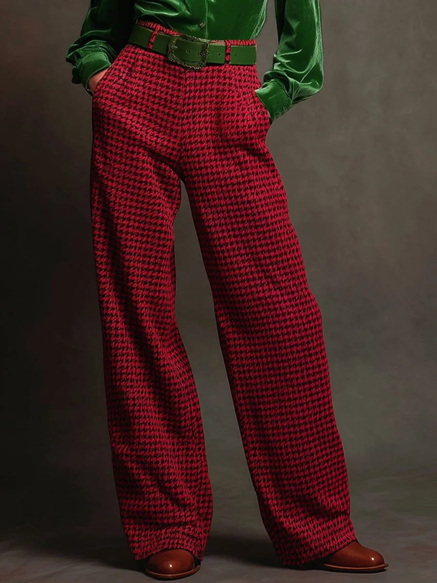 Retro Green Velvet Pleated Long-sleeved Shirt And Houndstooth Wide-leg Pants Set