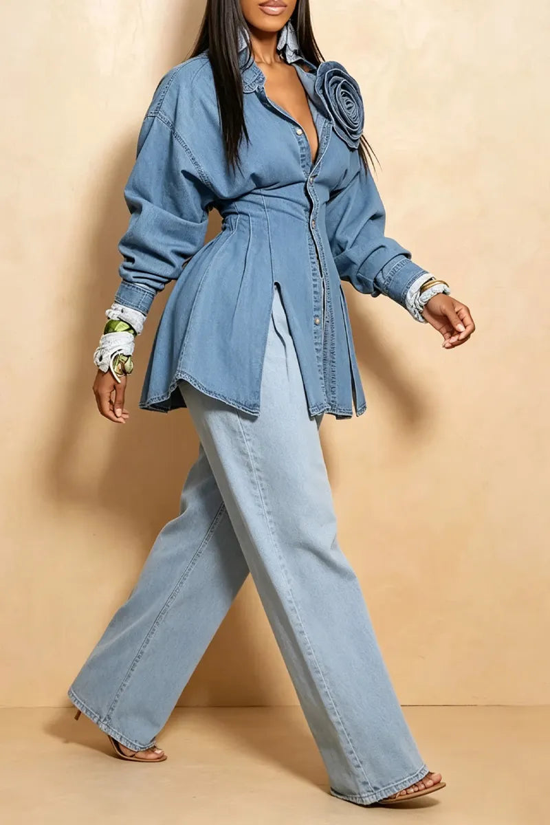 Women Fashion Handmade 3D Flower Fitted Waist Side Slit Long Denim Blouse