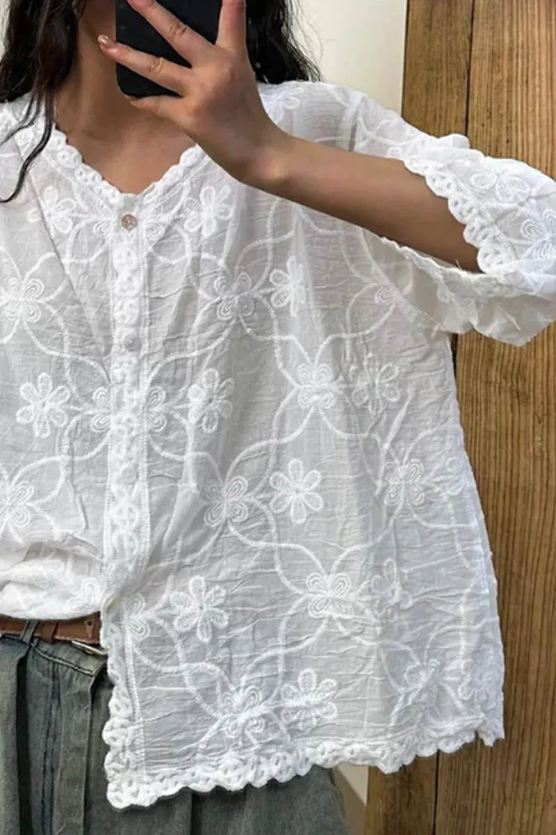 Women's V-Neck Half Sleeved Embroidered Cardigan Button Casual Linen Top