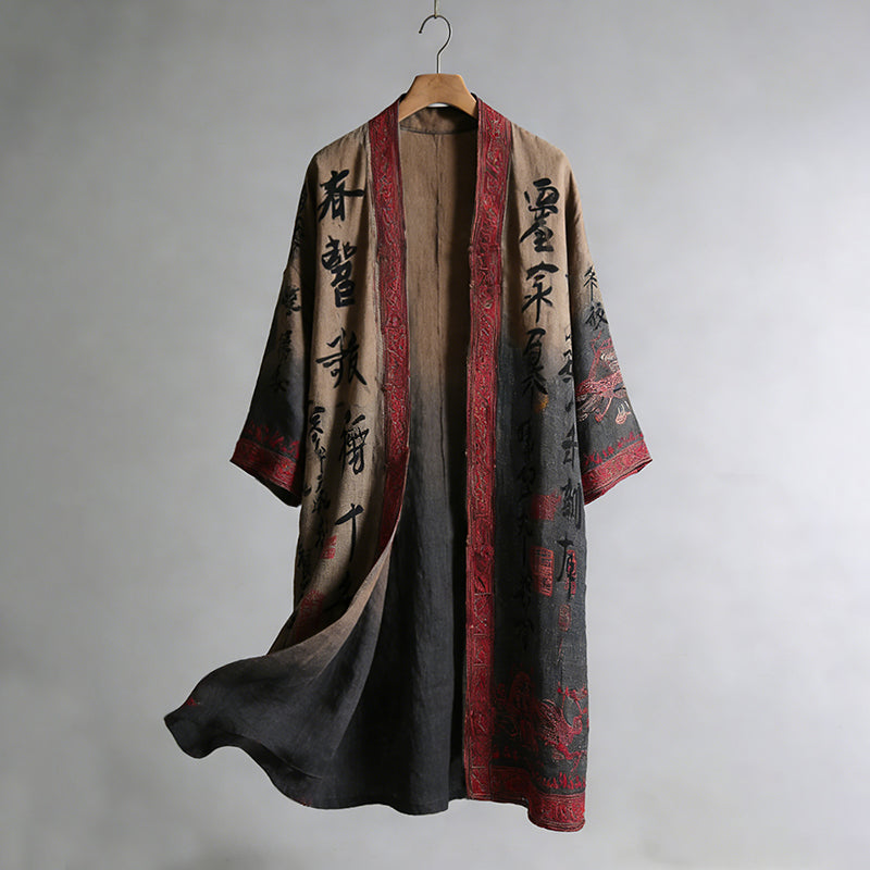 Men's Retro Calligraphy And Painting Art Linen Long Kimono