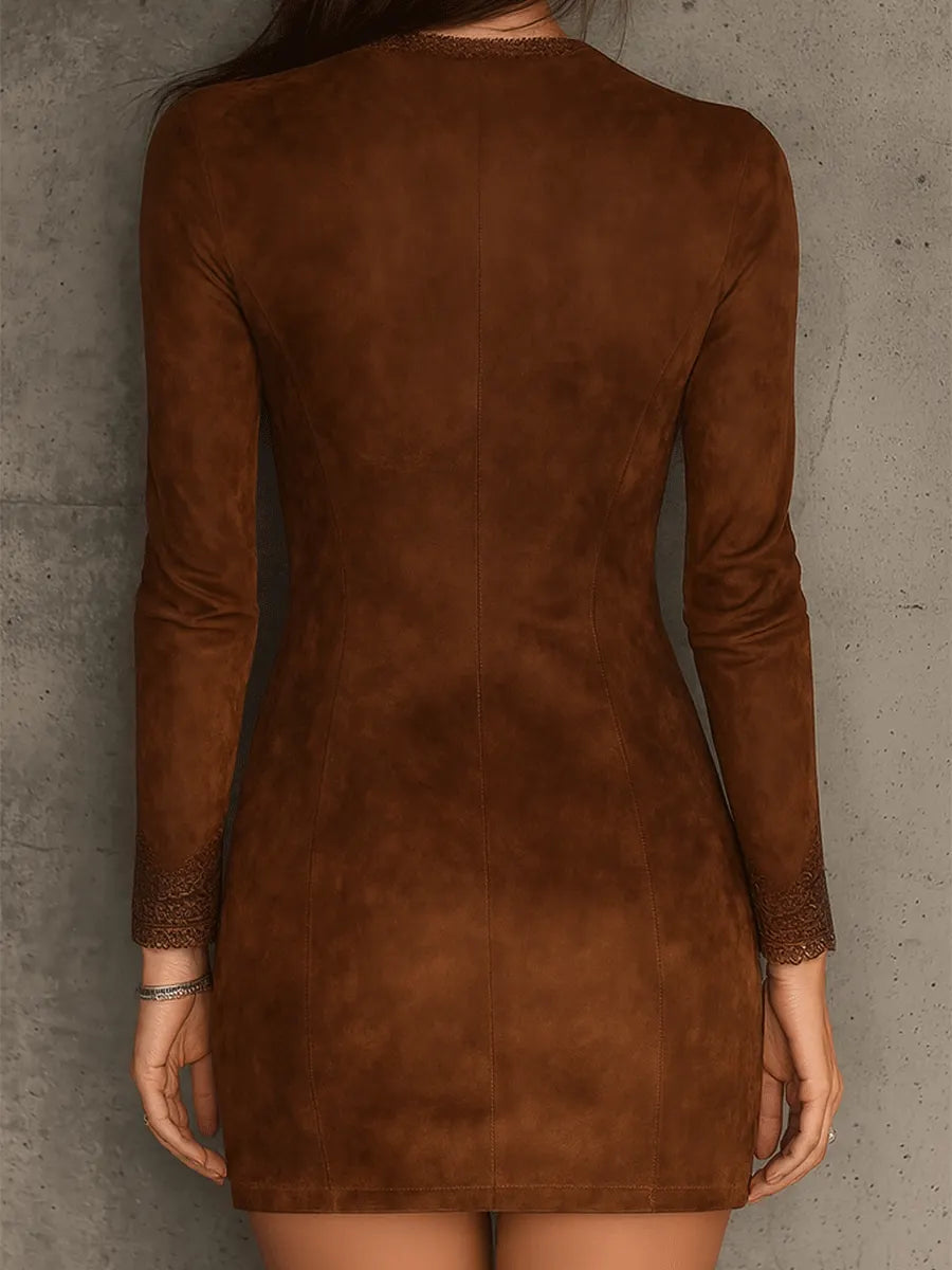 Vintage Caramel Brown Lace Trim And Zip Front Suede Mini Dress