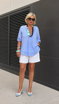 Women's Pleated Split Neck Tunic Blouse with Tiered Hem