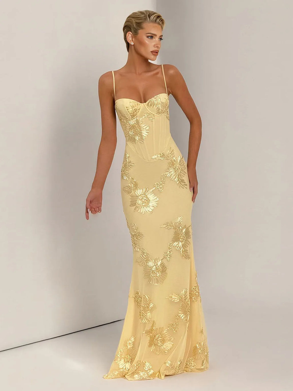 Elegant Floral Embroidered Spaghetti Strap Mermaid Maxi Dress