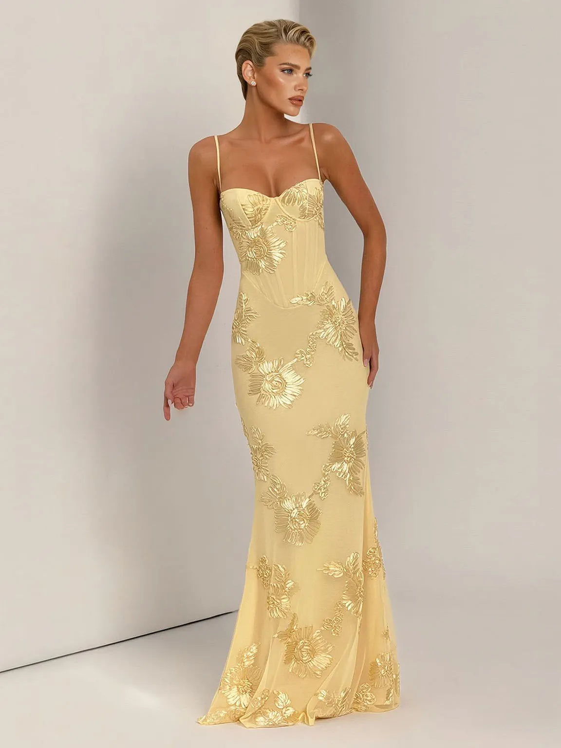 Elegant Floral Embroidered Spaghetti Strap Mermaid Maxi Dress