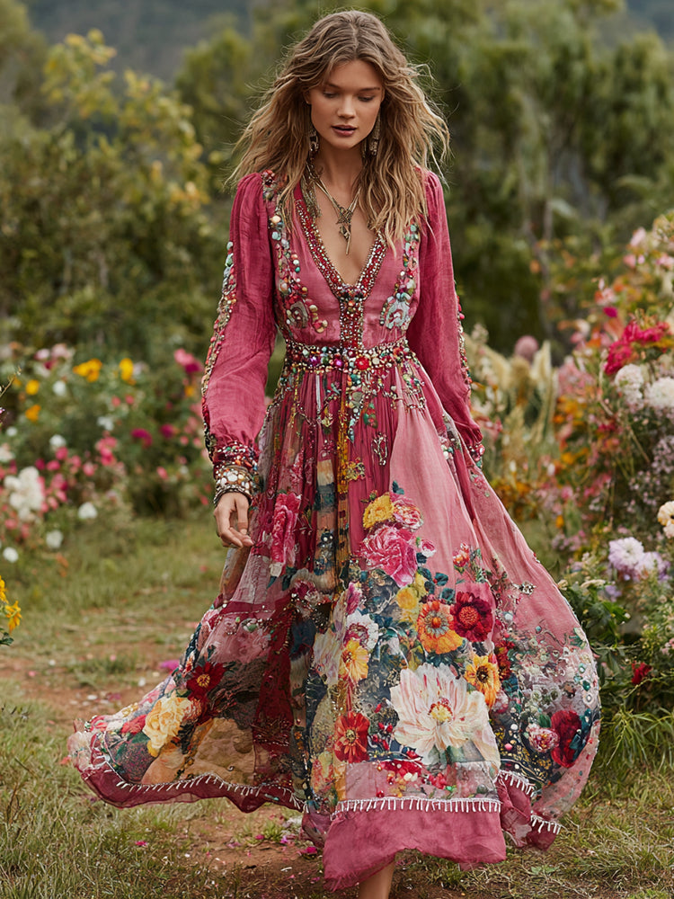 Women's Vintage Floral Art Print V-neck Long Sleeve Maxi Dress