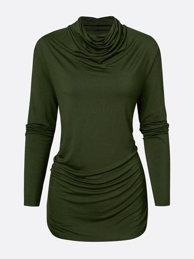 Casual Plain Ruched Cowl Neck T-shirt