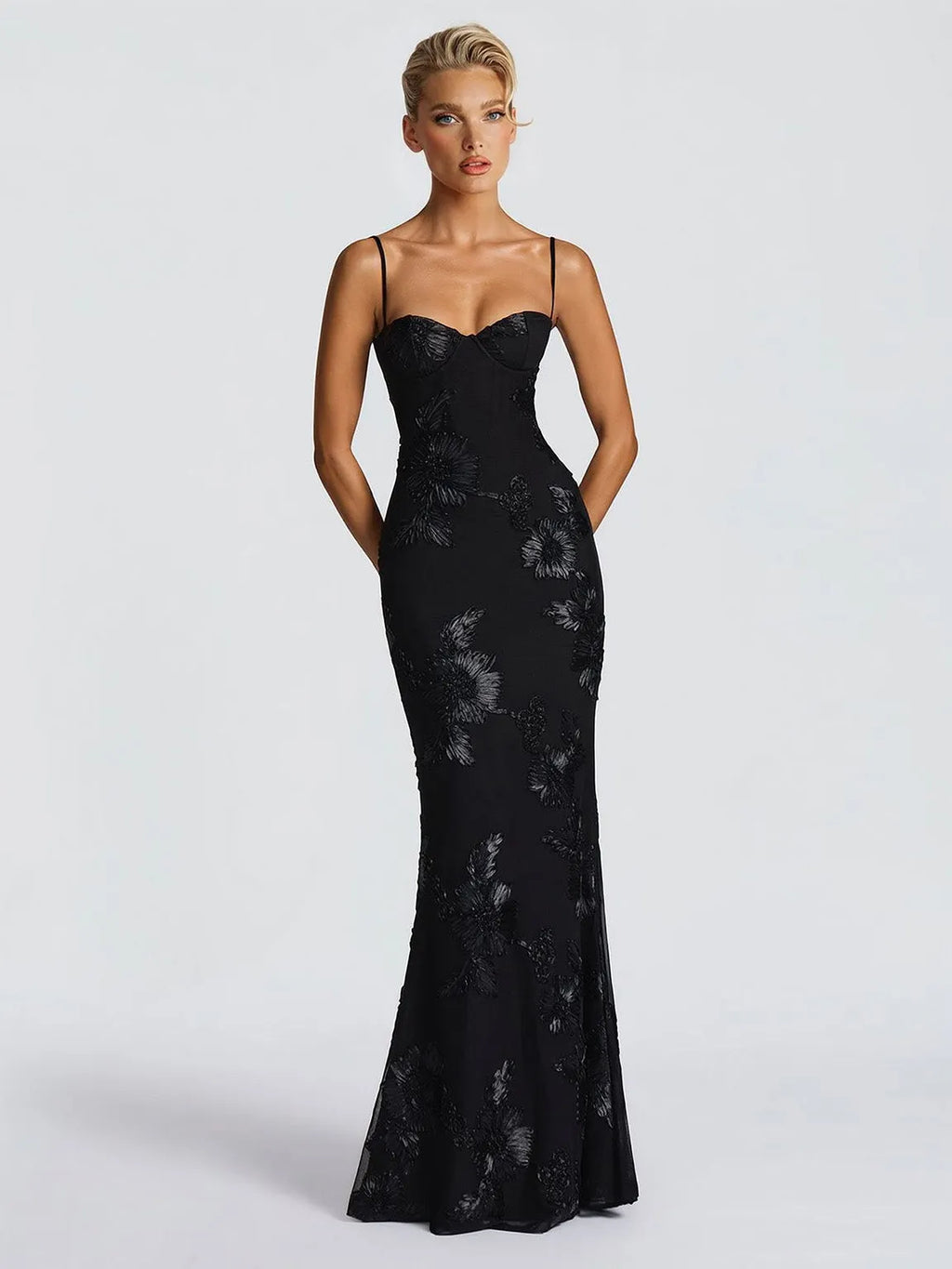 Elegant Floral Embroidered Spaghetti Strap Mermaid Maxi Dress