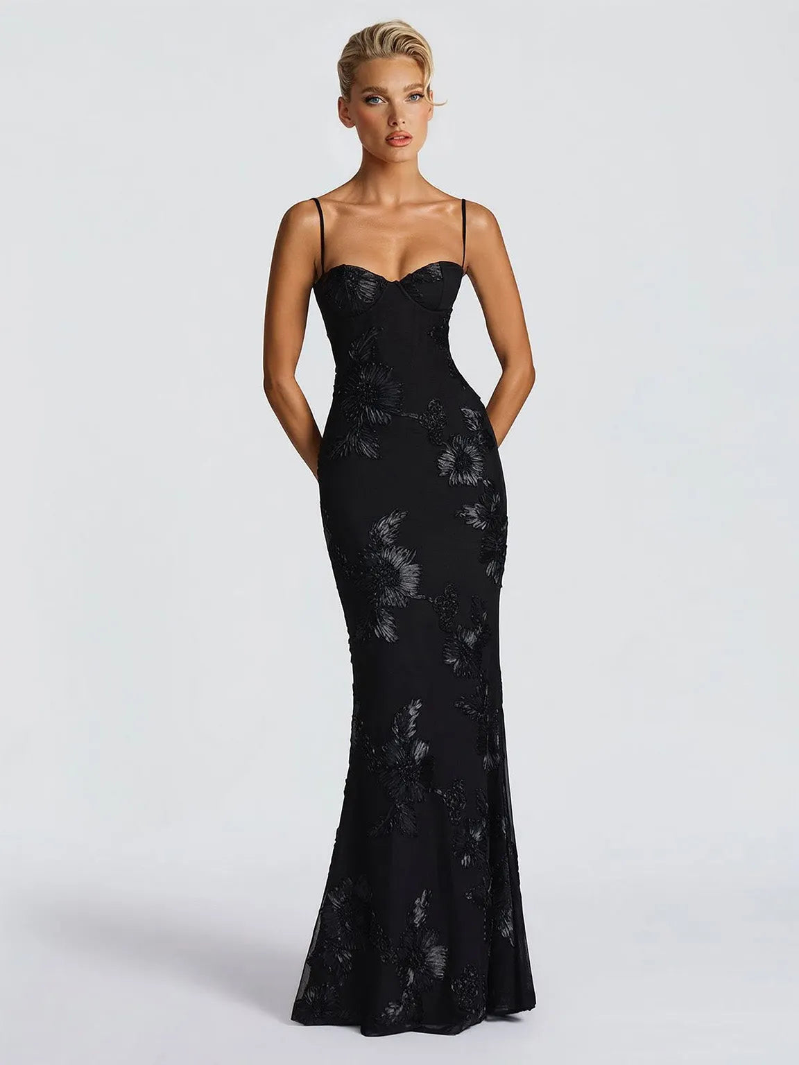Elegant Floral Embroidered Spaghetti Strap Mermaid Maxi Dress