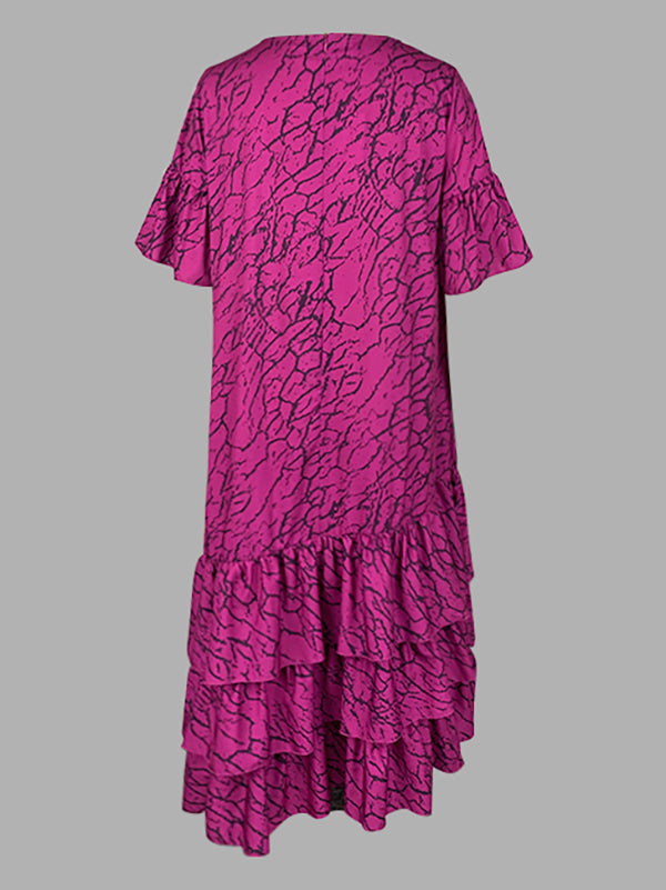 Flared Sleeves Half Sleeves Asymmetric Layered Pleated Printed Ruffle Trim Round-Neck Maxi Dresses