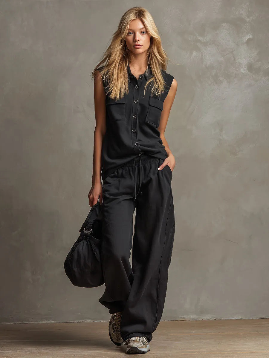 Black Collared Button-down Sleeveless Top And Trousers Set