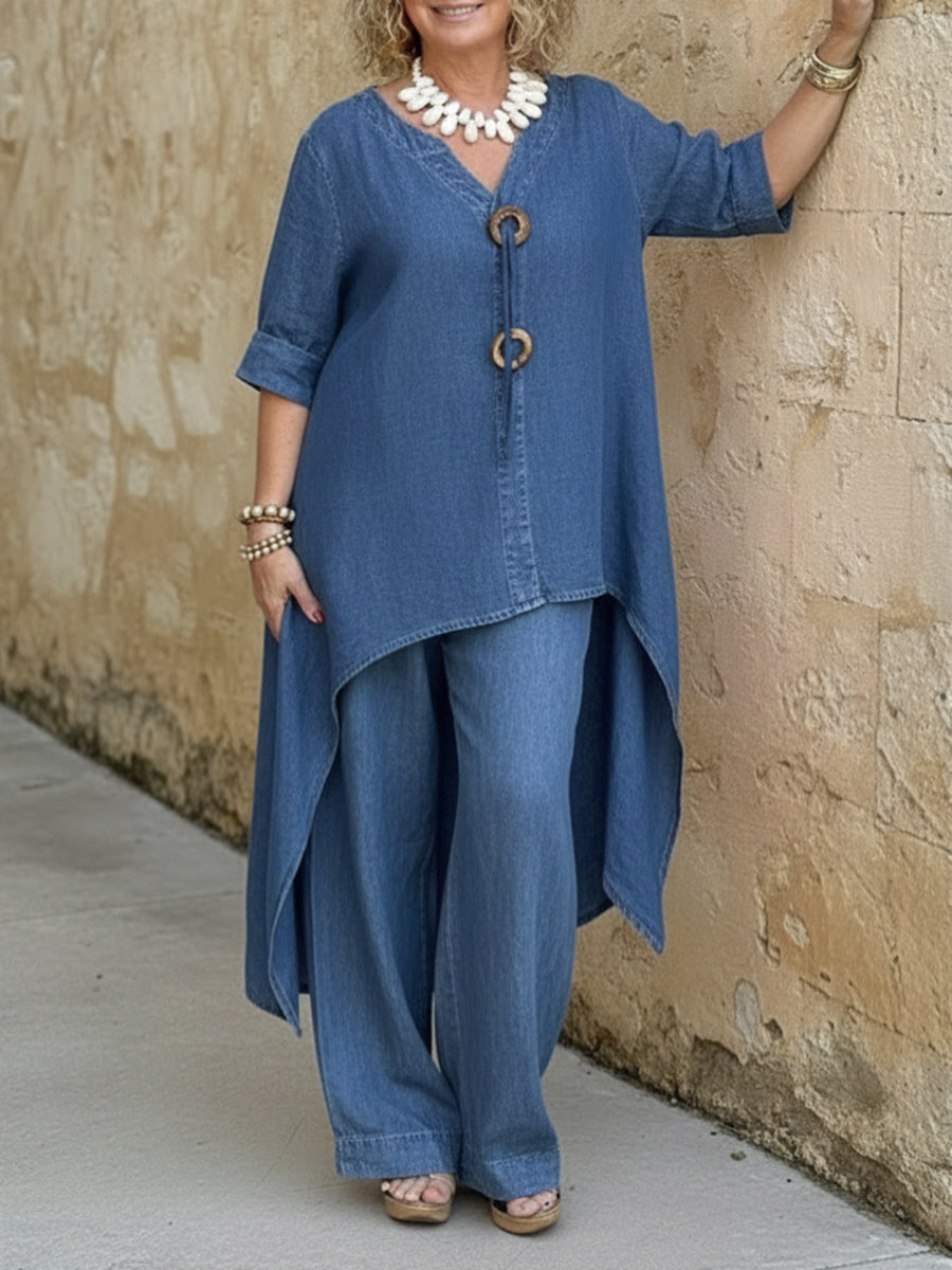 Casual Denim Button Details Top And Wide-leg Pants Two-piece Set