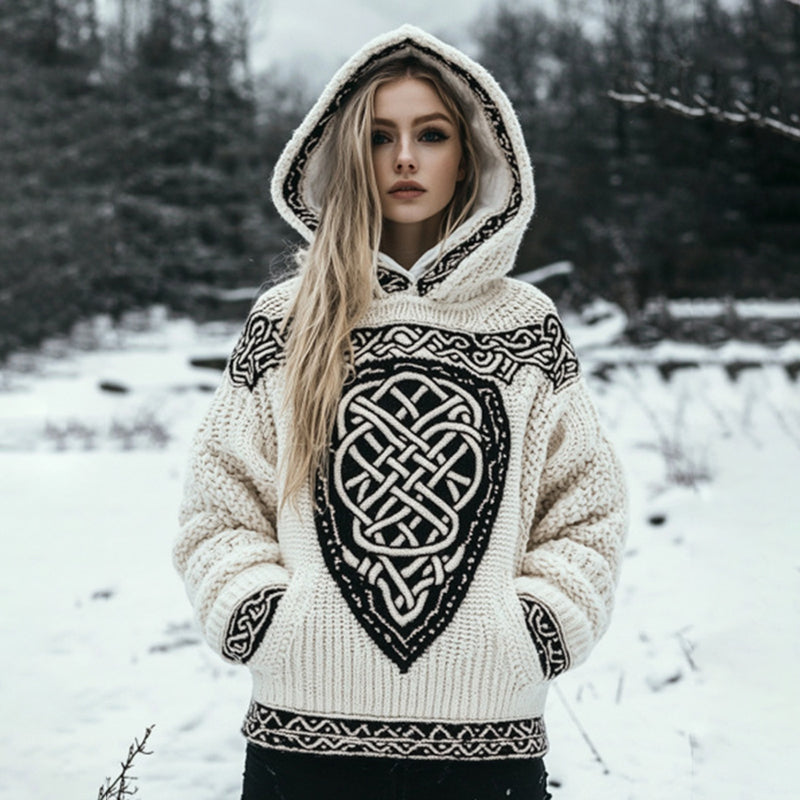Women's Tribal Knit Jacquard Warm Hooded Sweater