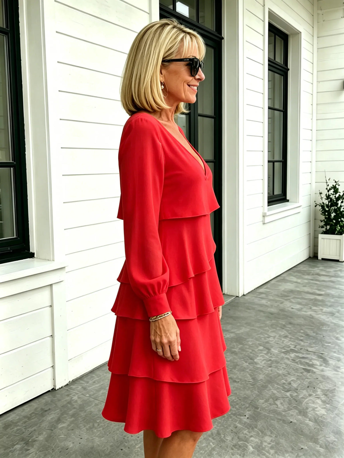 Deep V-Neck Long-sleeved Fashion Cake Skirt Women's Temperament Loose and Thin Round Neck Dress Women