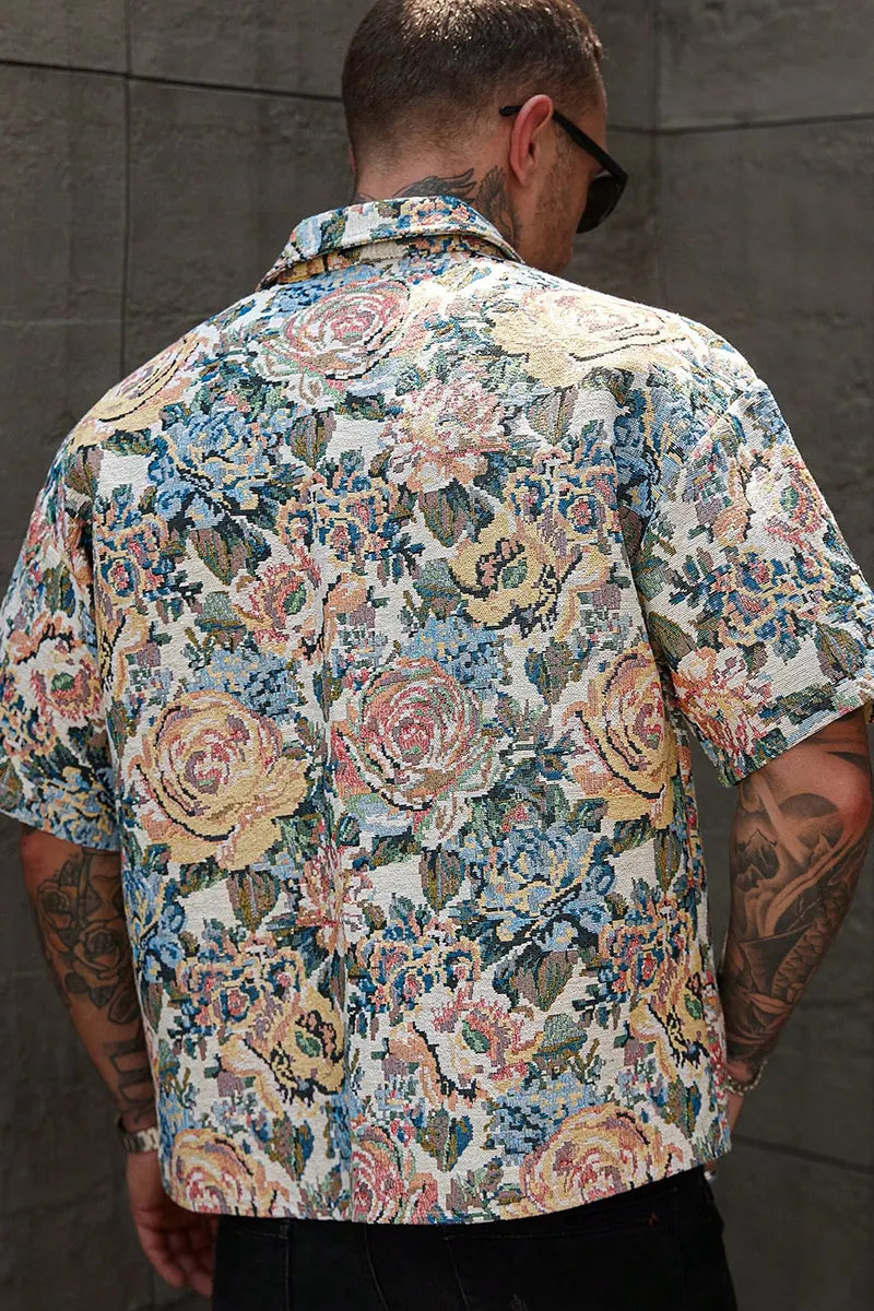 Men OVintage Floral Tapestry Jacquard Short Sleeve Button Down Shirt
