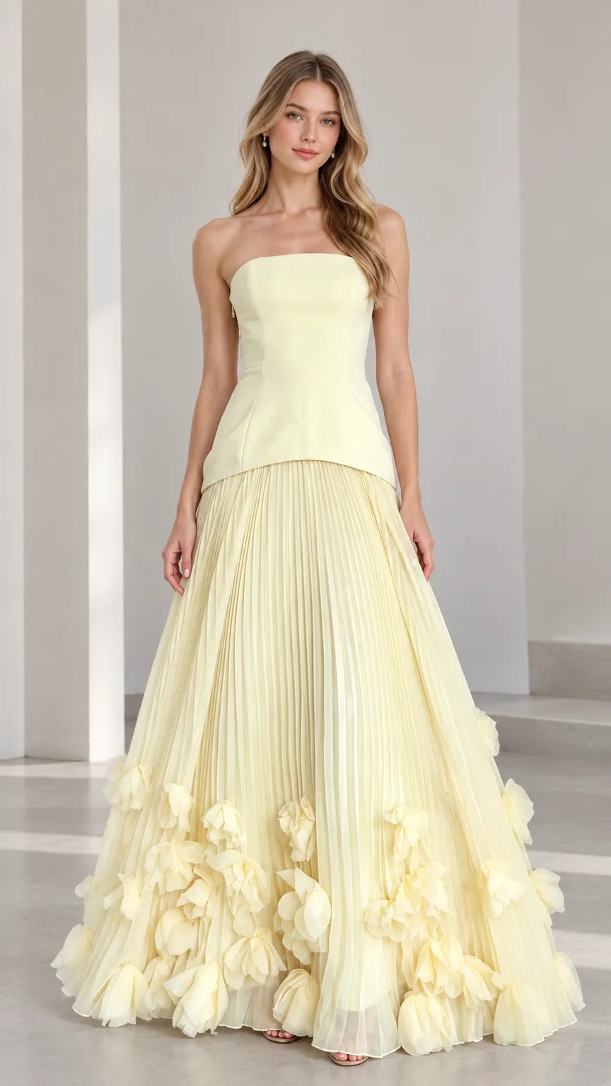 Strapless Corset Pleated Maxi Evening Gown with 3D Floral Hem