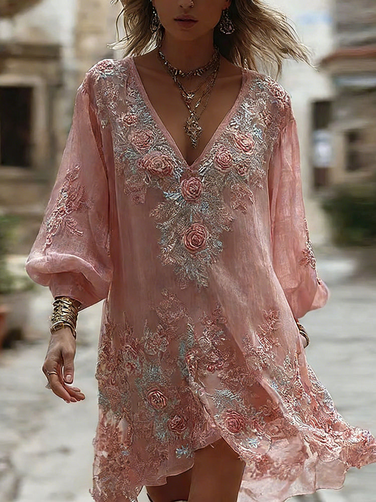 Women's Rose Floral Embroidered Casual V-neck Dress