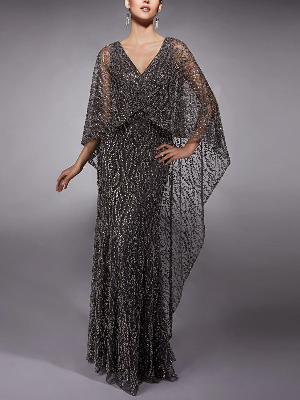 V-Neck Lace Sequins Maxi Dress