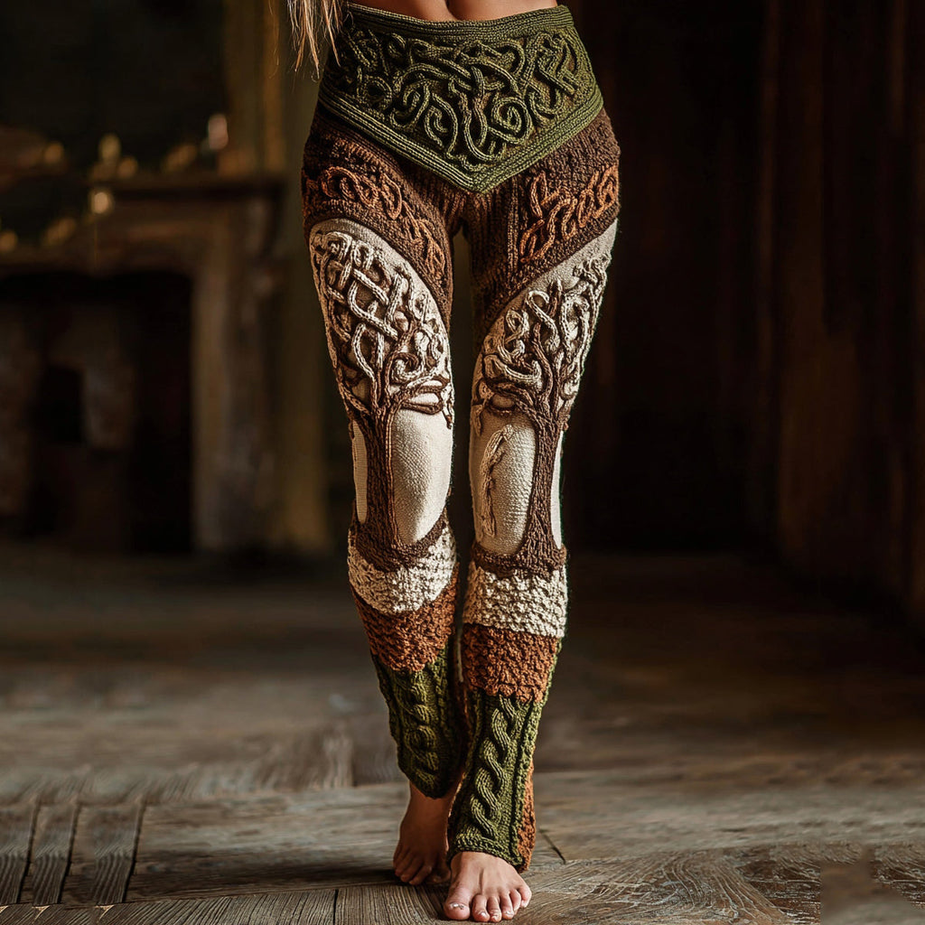 Women's Vintage Celtic Knot Tree Of Life Contrast Print Knit Leggings