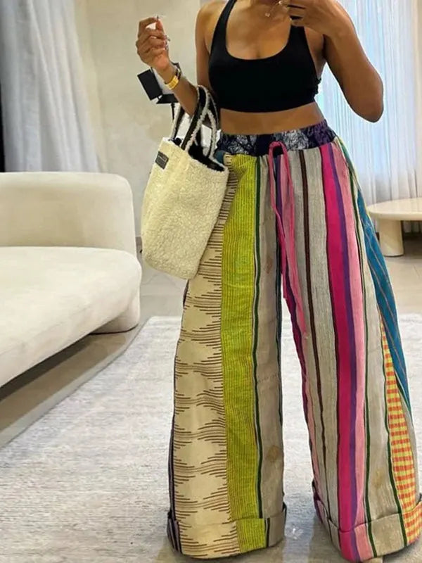 Loose Wide Leg Contrast Color Drawstring Printed Striped Casual Pants Bottoms Trousers