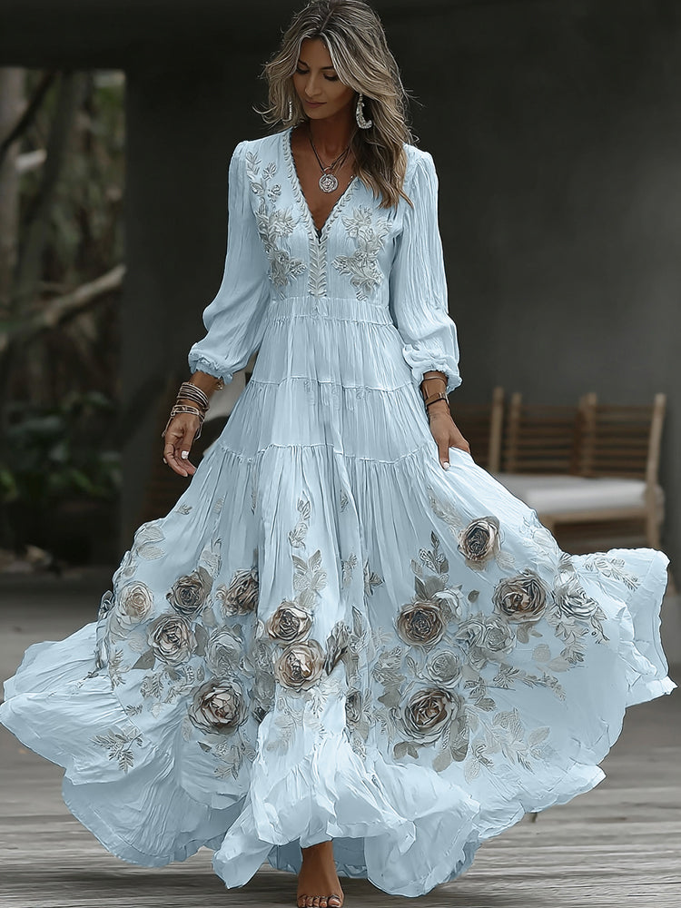 Women's Vintage Rose Embroidery Art V-neck Casual Long Sleeve Maxi Dress