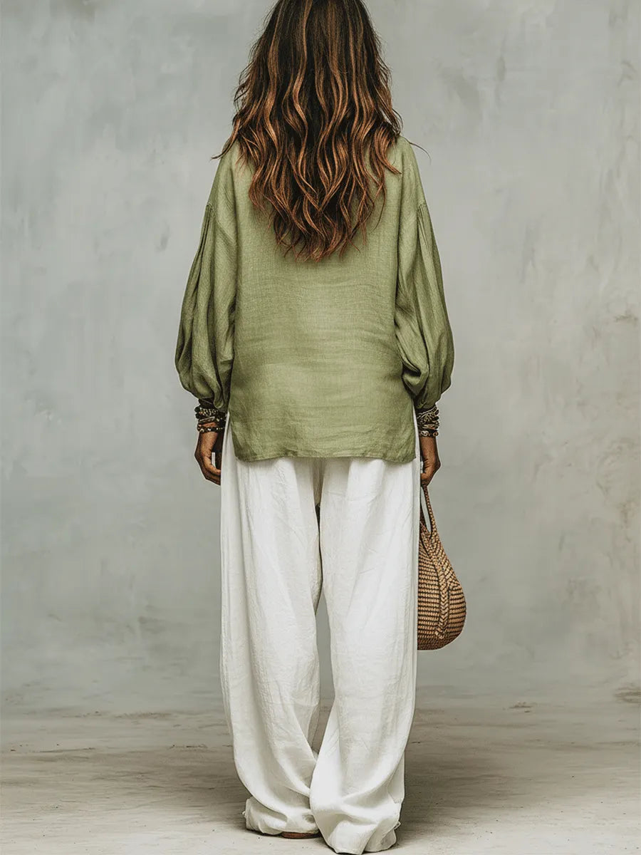 Sage Linen Blouse & Relaxed White Trousers Everyday Escape Set