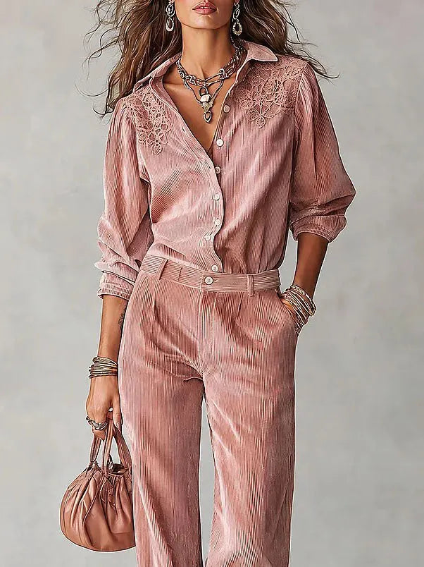 Pink Corduroy Two‑Piece Outfit, Lace Embroidered Shirt & High Waist Wide Leg Pants Set