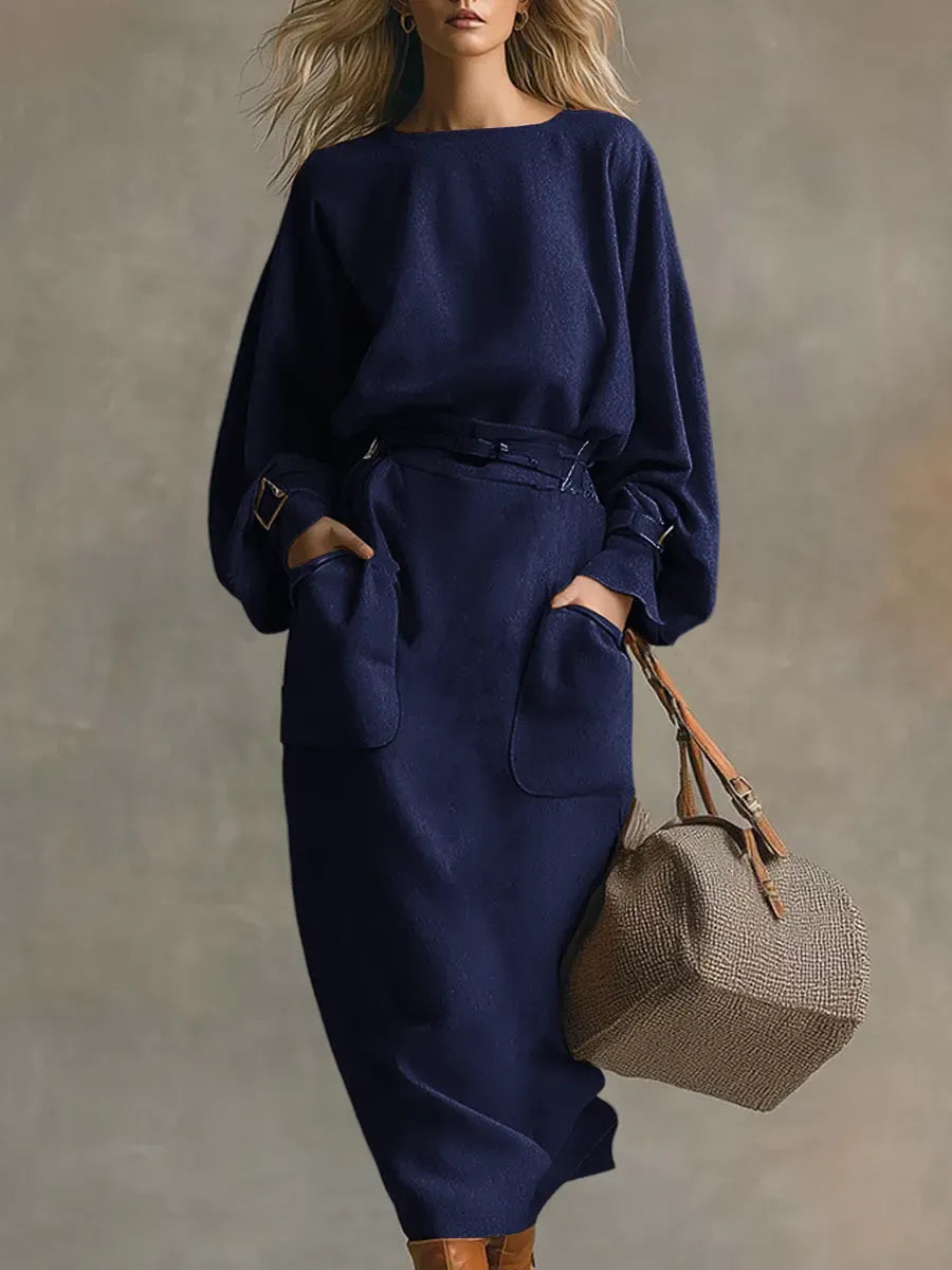 Women's Solid Color Round Neck Long Sleeve Casual Loose Dress