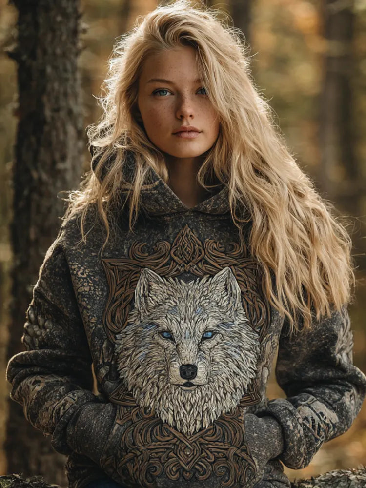 Vintage Viking Style Wolf Totem Women's Hooded Sweatshirt