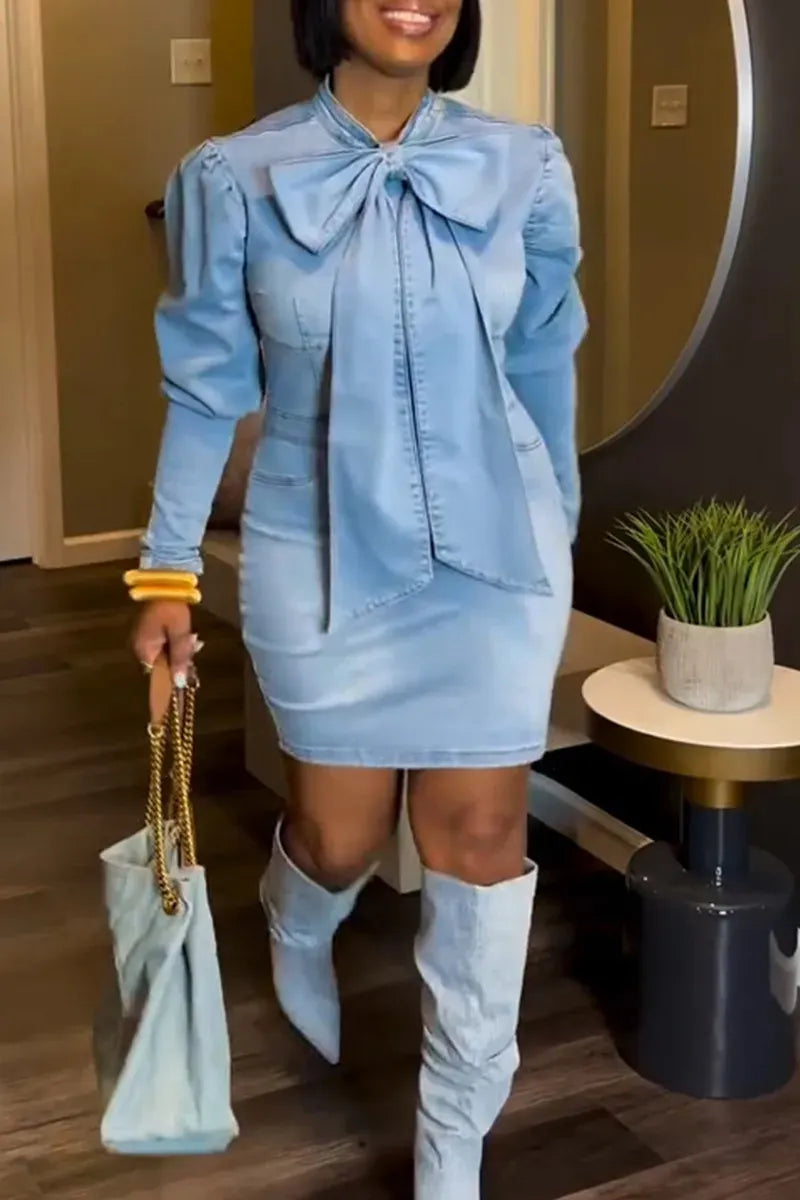 Women's Long-Sleeved Denim Dress With Bow Tie