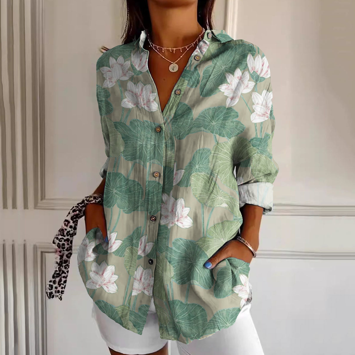 Casual Water Lily Art Pattern Women'S Shirt