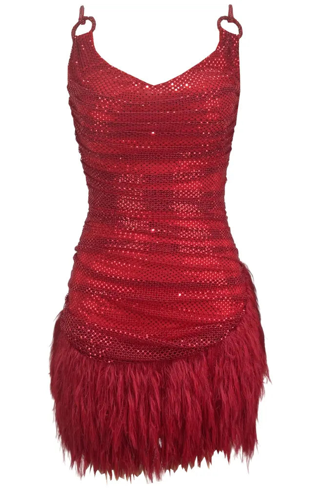 Draped Sparkly Feather Dress Red
