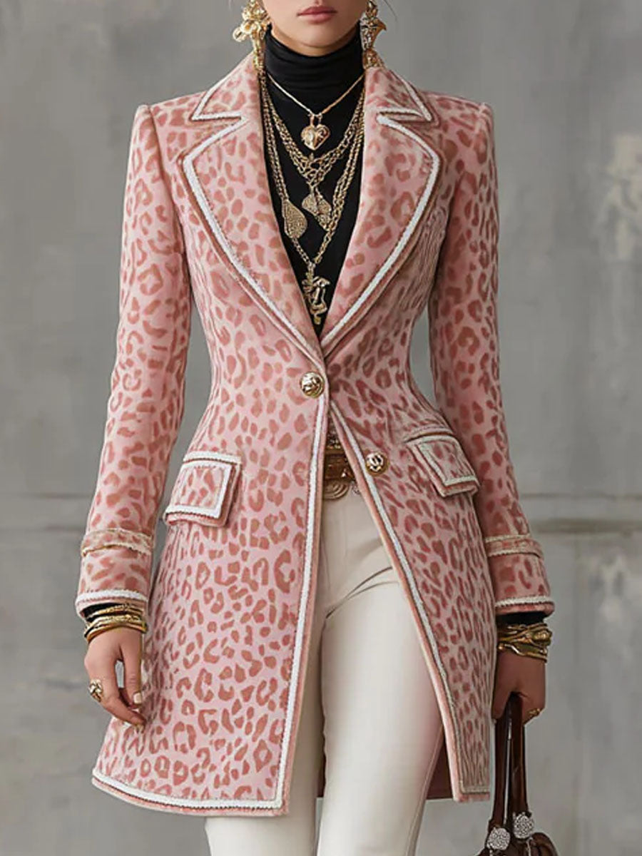 Lapel Single-breasted Pink Leopard Print Mid-length Coat