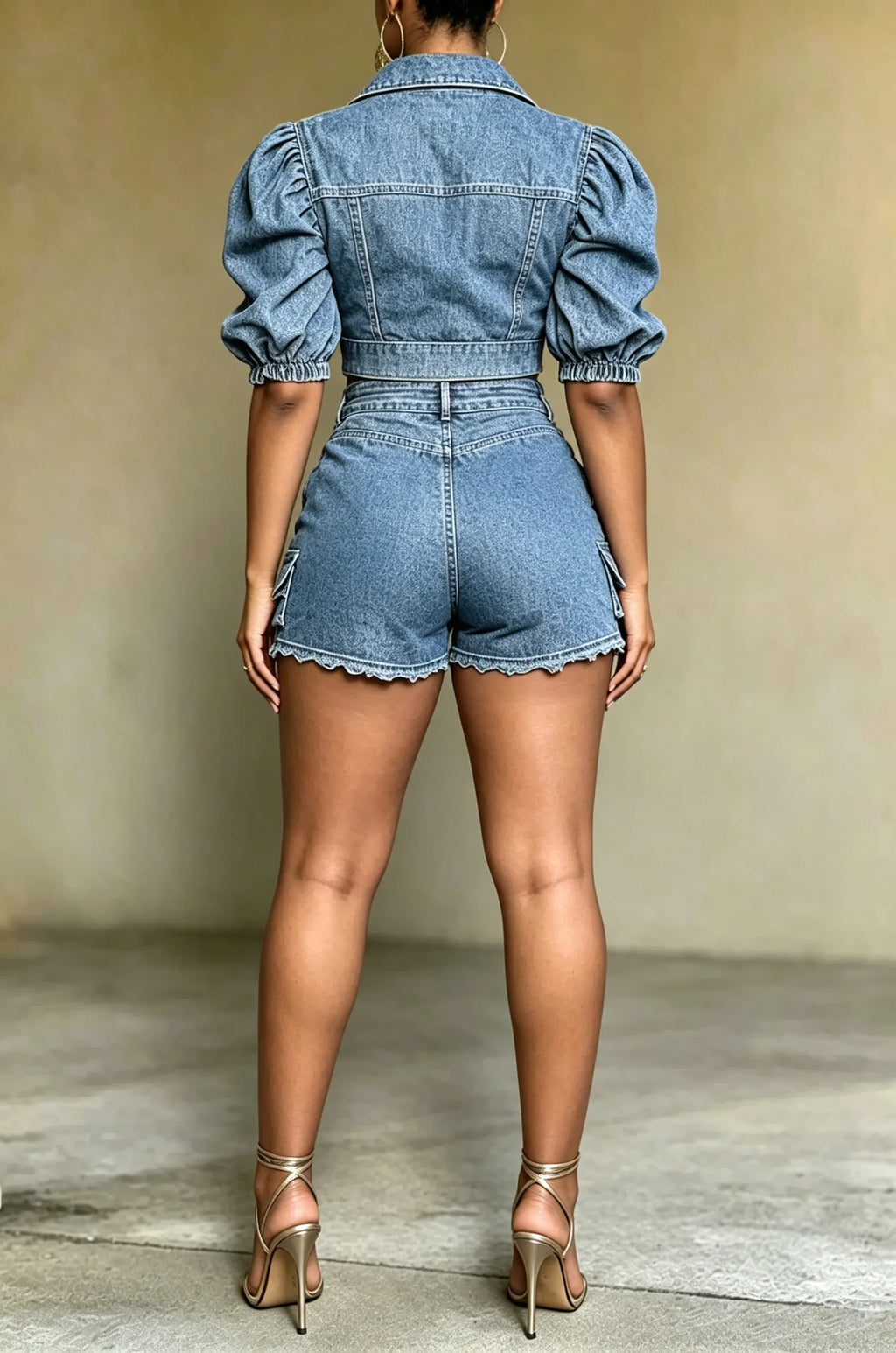 Women's Casual Puff Sleeve Denim Shirt & Shorts