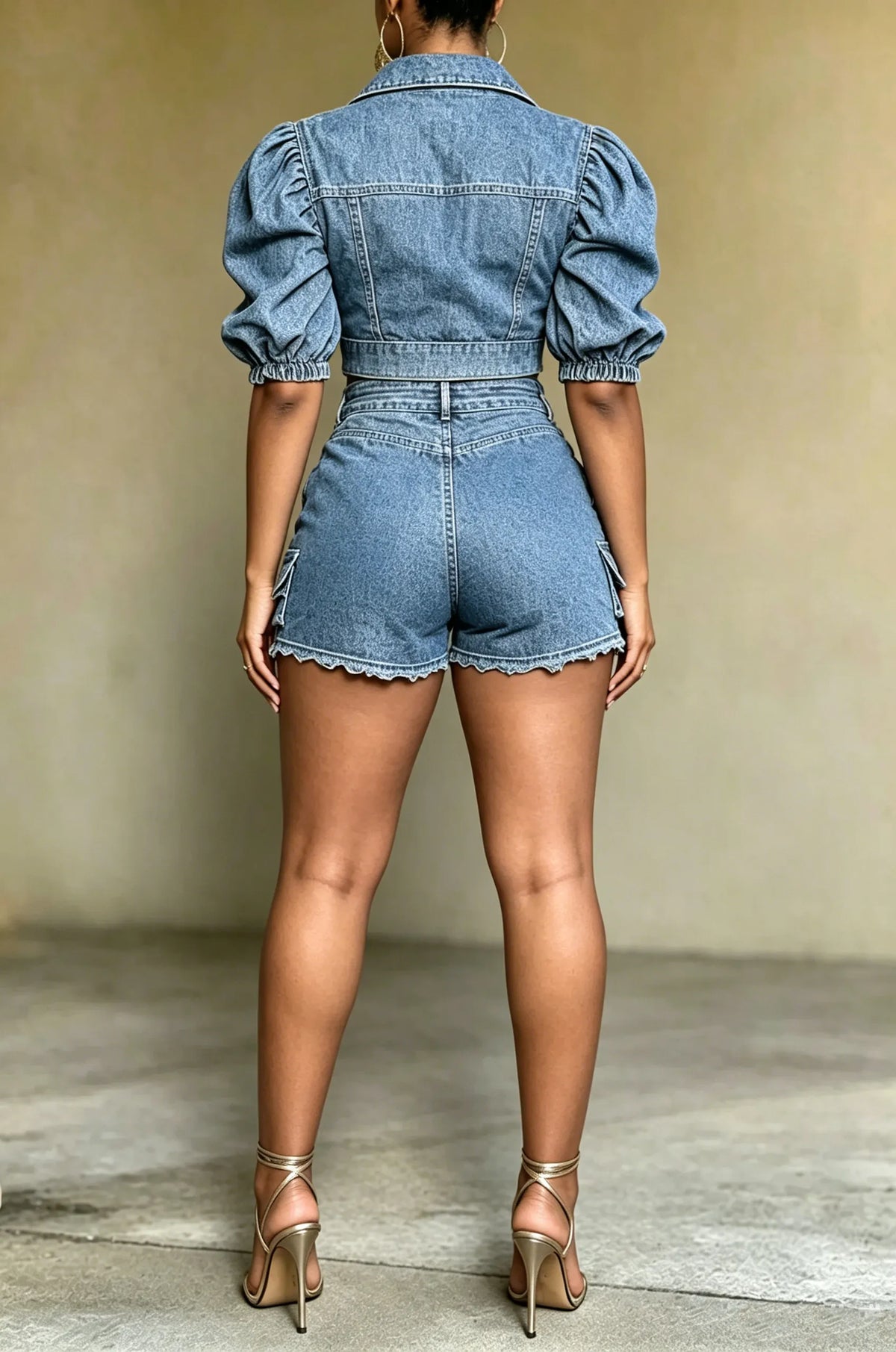 Women's Casual Puff Sleeve Denim Shirt & Shorts